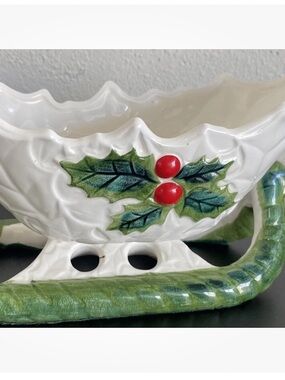 Vintage Lefton Sleigh Ceramic Holly Sleigh Bowl Dish Red Berries 1970